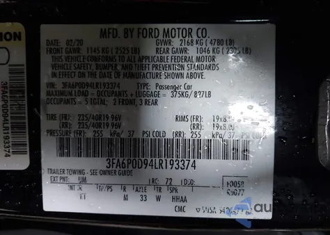 2020 Ford Fusion Titanium z USA, uszkodzony, nr VIN 3FA6P0D94LR193374